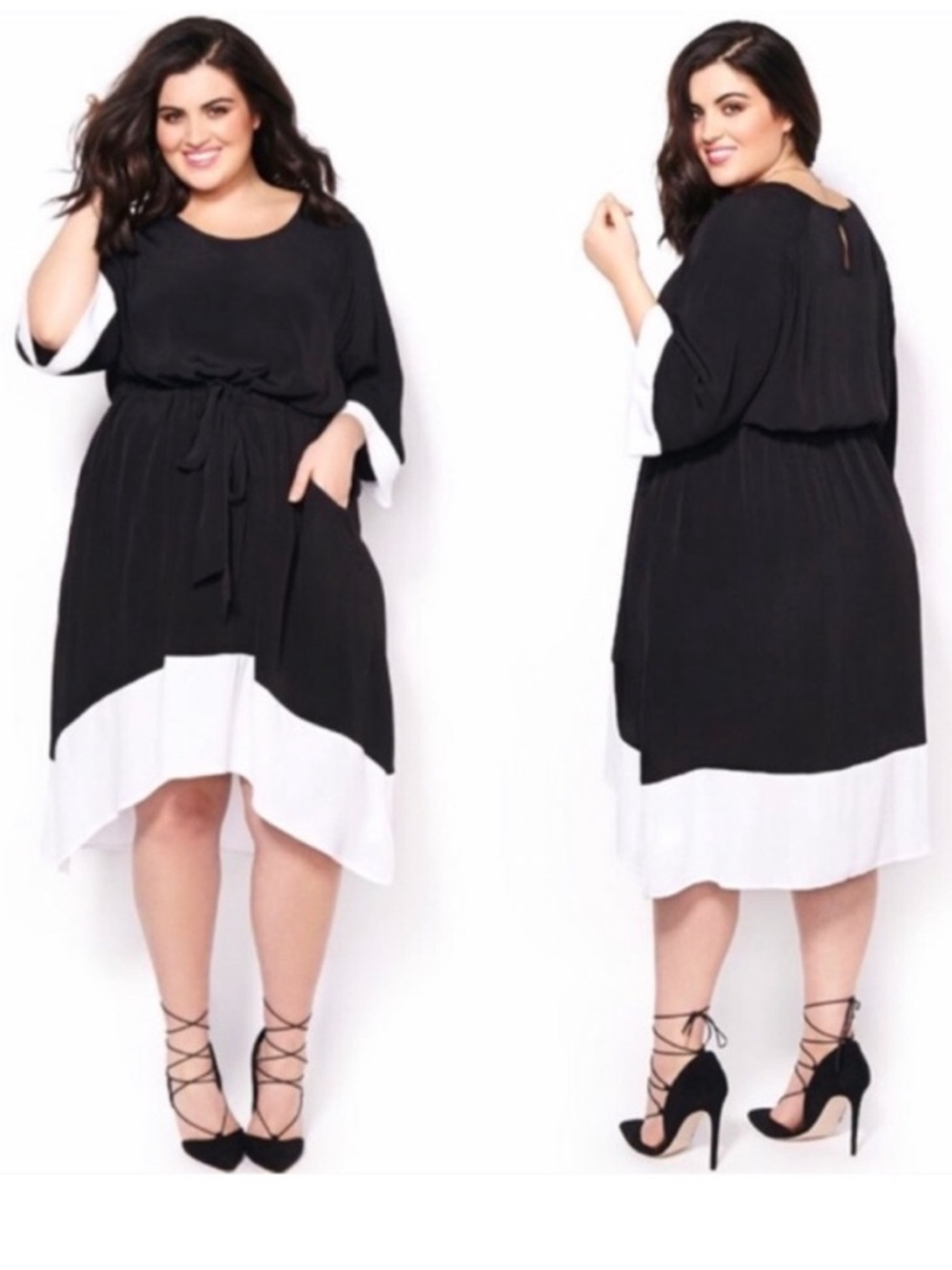 Black & White Colorblock Tie-Waist Plus Dress